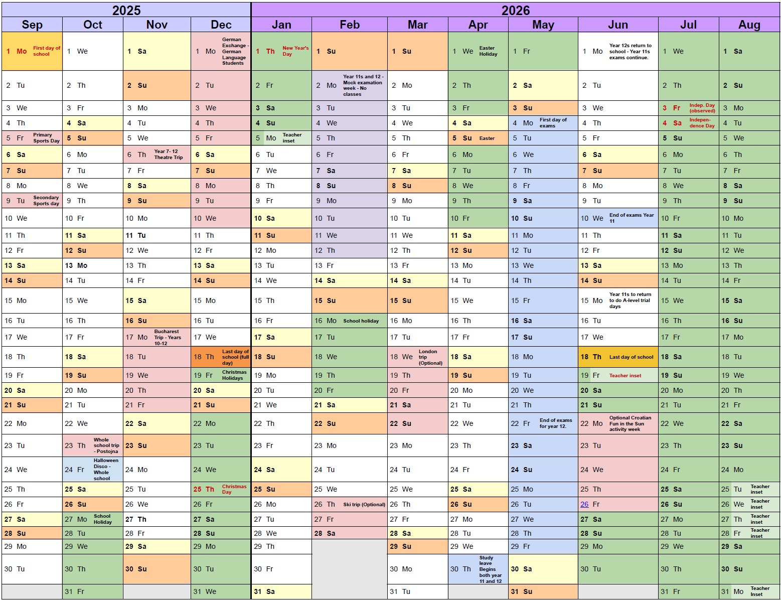 Koper International School Academics calendar